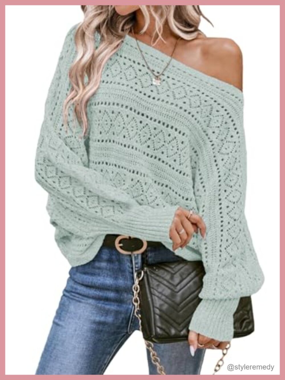 Women's Crochet Boat Neck Long Batwing Sleeve Loose Knit Sweater Pullover